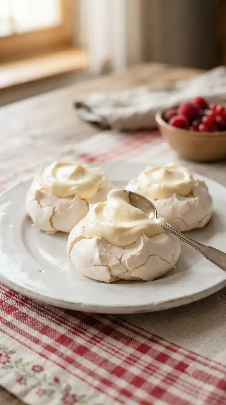 Gros plan sur meringues à la double crème de Gruyère, plat traditionnel du canton de Fribourg