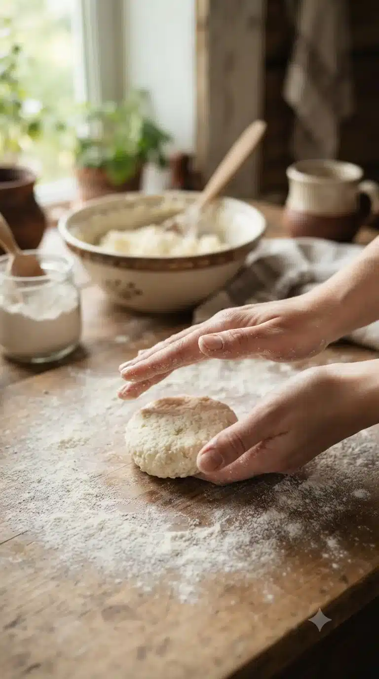 Façonner à la main de petites galettes épaisses de pâte au tvorog avant de les fariner légèrement