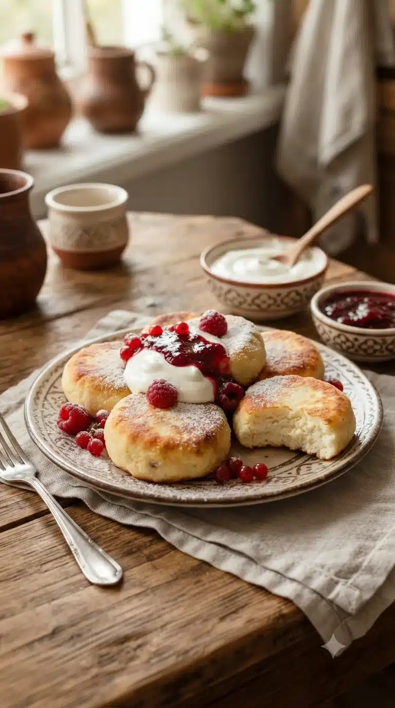Gros plan sur syrniki russes, plat traditionnel de Russie