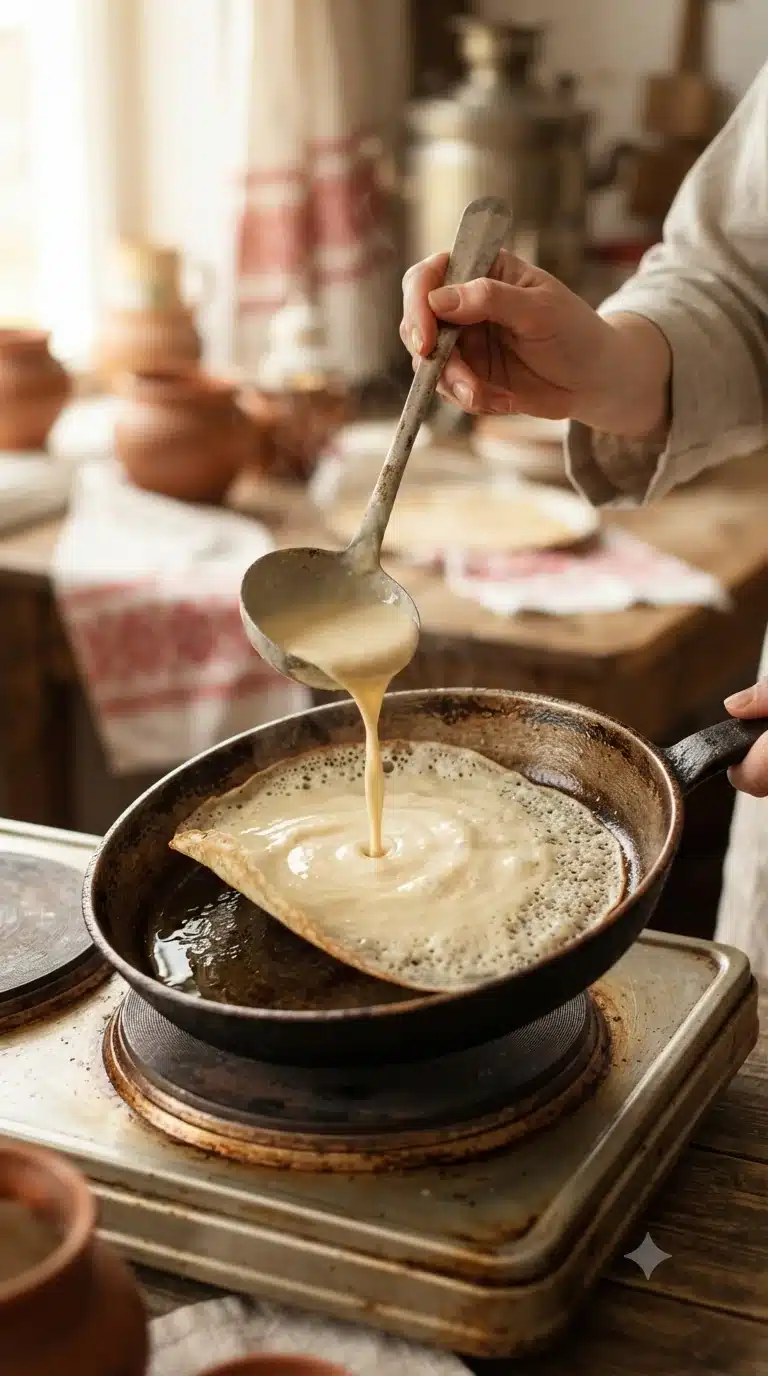 Verser une louche de pâte dans la poêle chaude en un mouvement circulaire pour former une grande crêpe fine