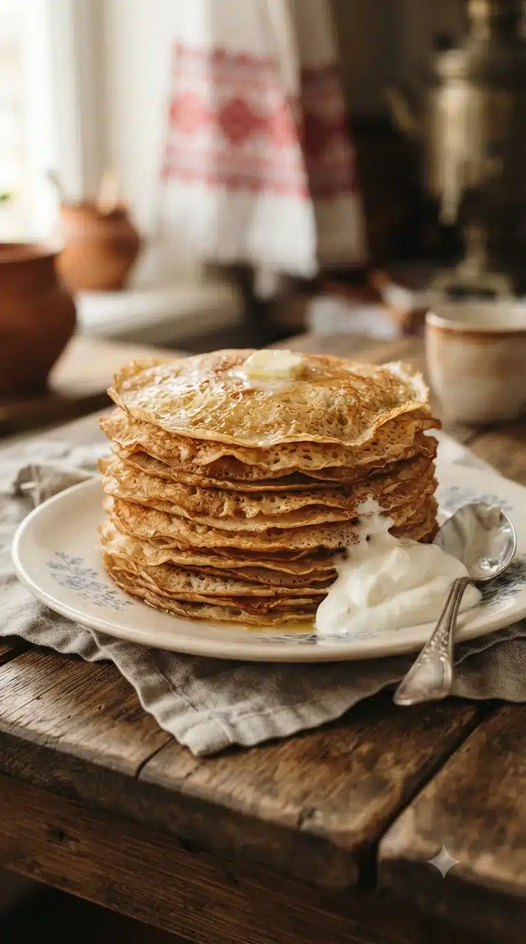 Gros plan sur blini russes, plat traditionnel de Russie