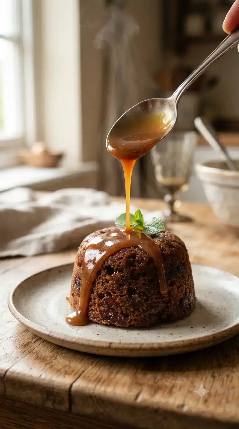 Napper généreusement le gâteau chaud de sauce toffee coulante juste avant de servir