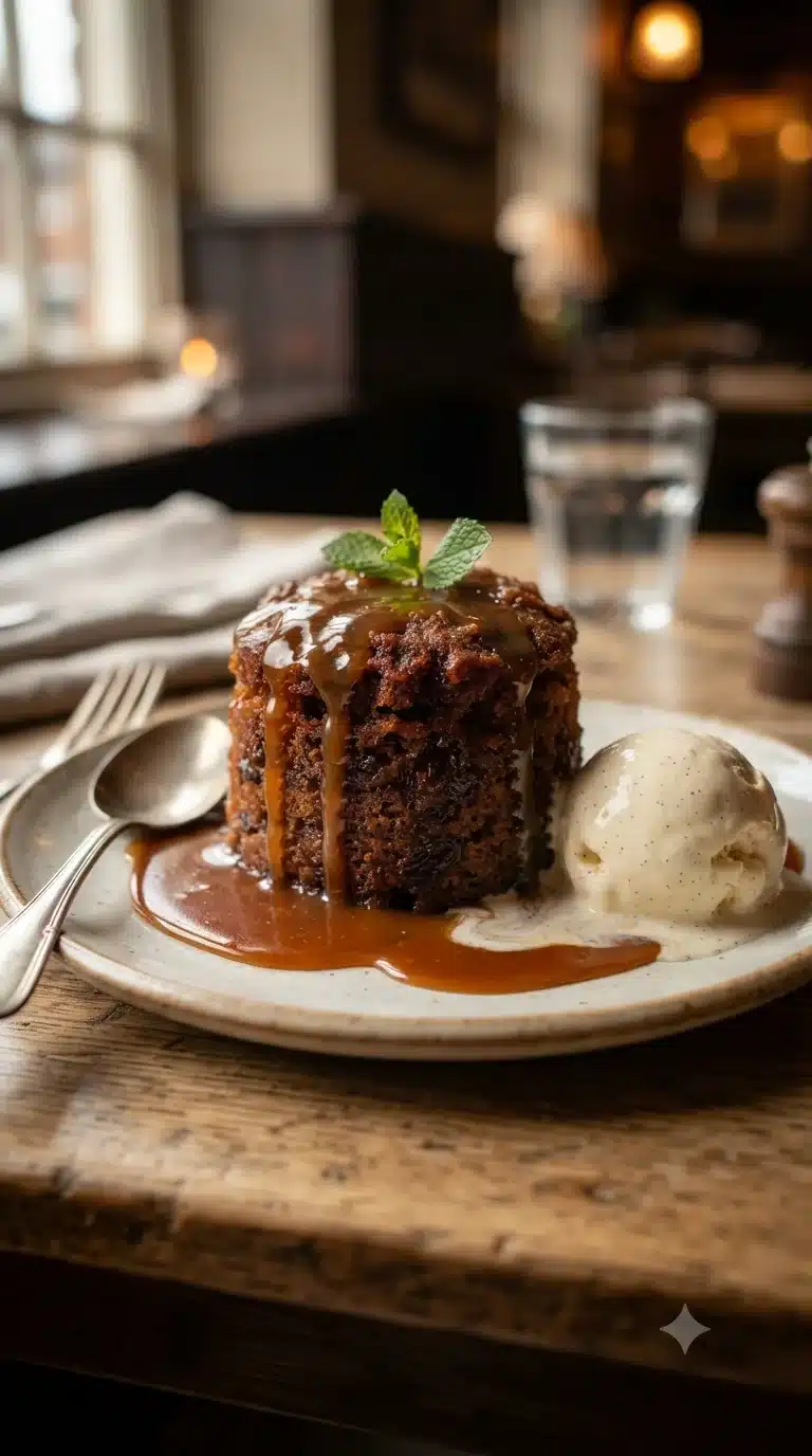 Gros plan sur sticky toffee pudding anglais, plat traditionnel d’Angleterre