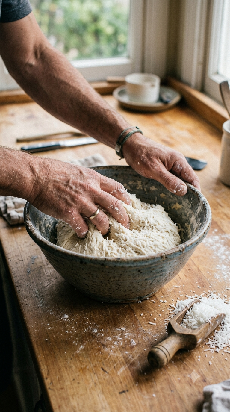 Mains incorporant de la noix de coco râpée dans une pâte à pain