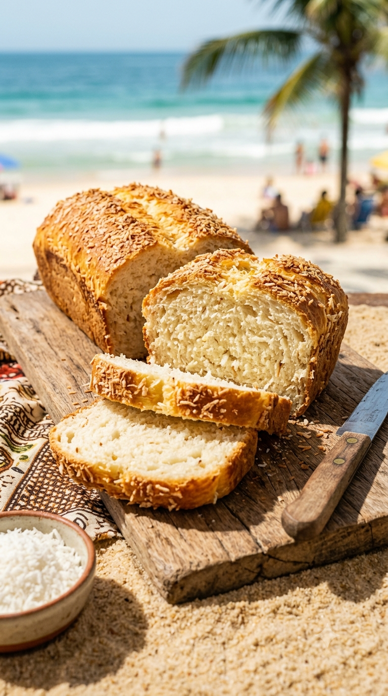 Pão de coco tranché révélant une mie moelleuse parsemée de coco râpée