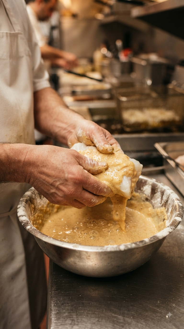 Mains trempant le filet de poisson dans la pâte à bière