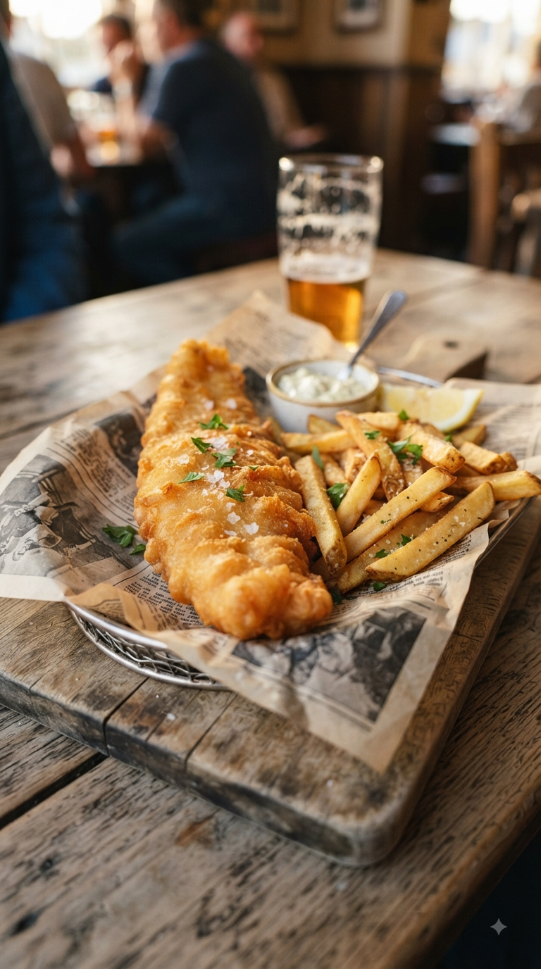 Fish and chips servi dans du papier journal, croûte dorée bien visible