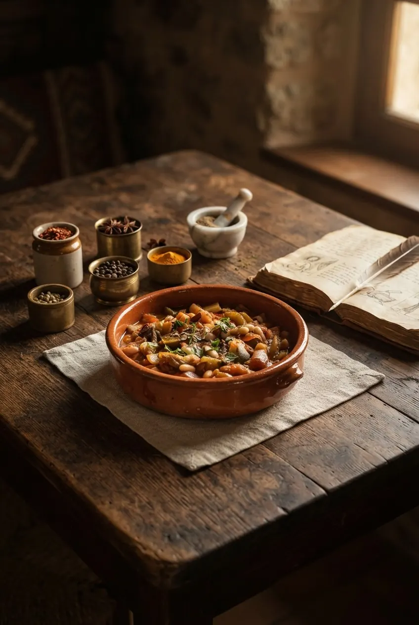 Plat en terre cuite, épices et livre ancien sur une table éclairée par une lumière naturelle rasante.