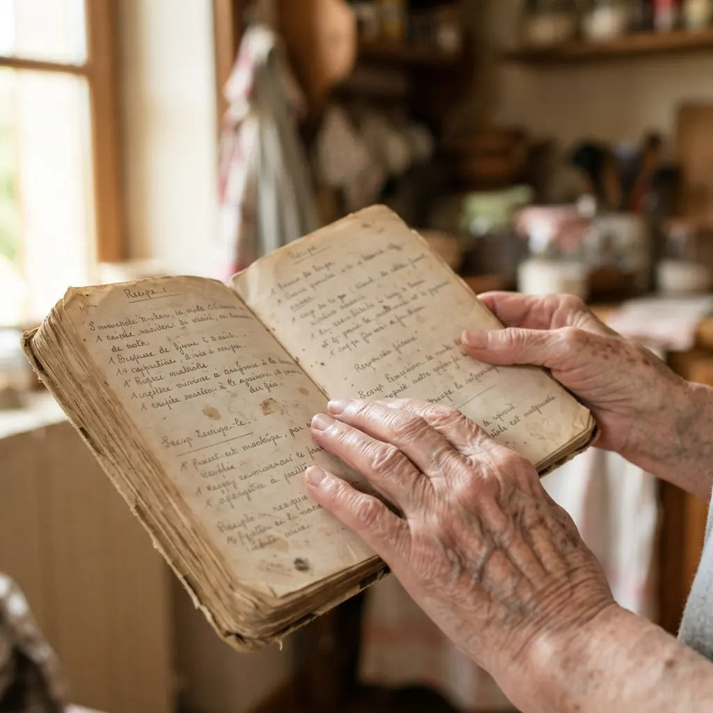 Des mains tiennent un vieux carnet de recettes manuscrit dans une lumière douce.