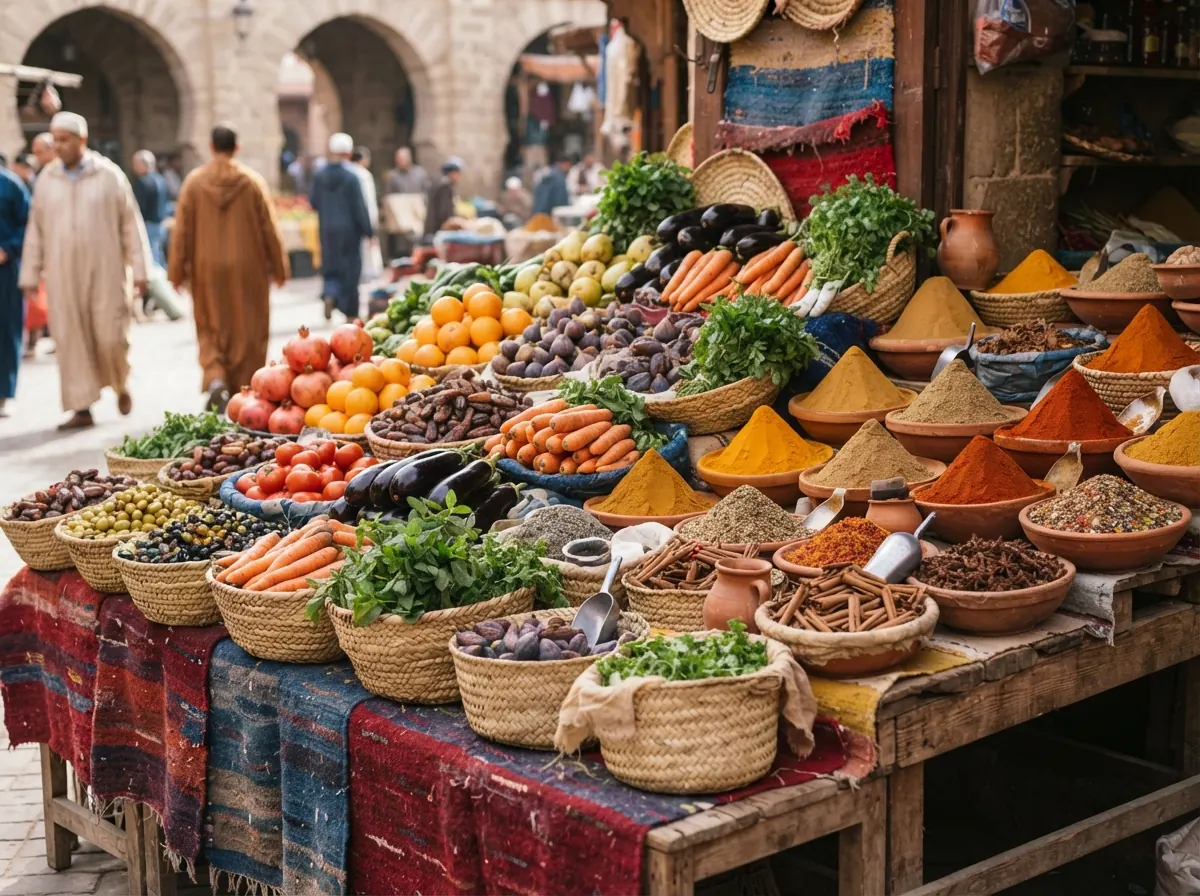 Un étal de marché avec des fruits, légumes et épices disposés dans des paniers en osier sous la lumière du jour.