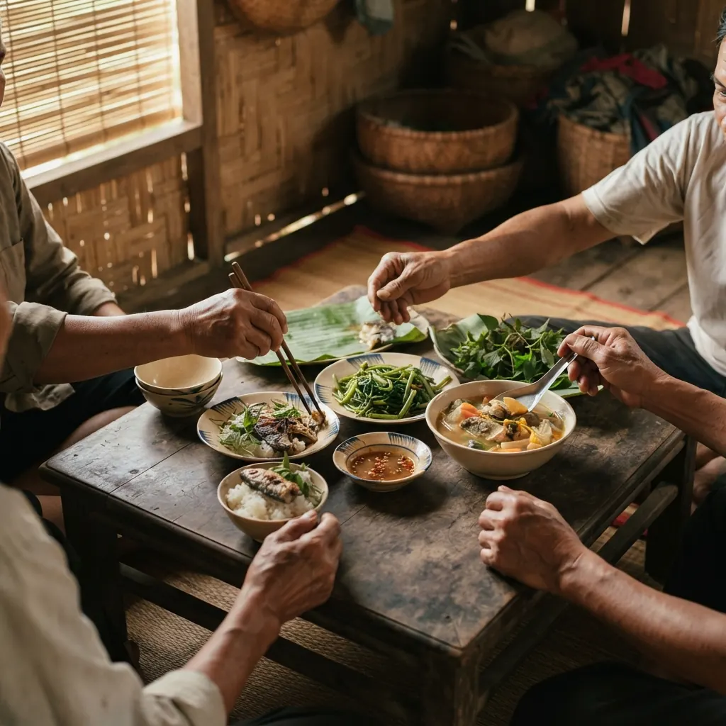 Plusieurs petits plats disposés sur une table basse, des mains visibles autour du repas partagé.