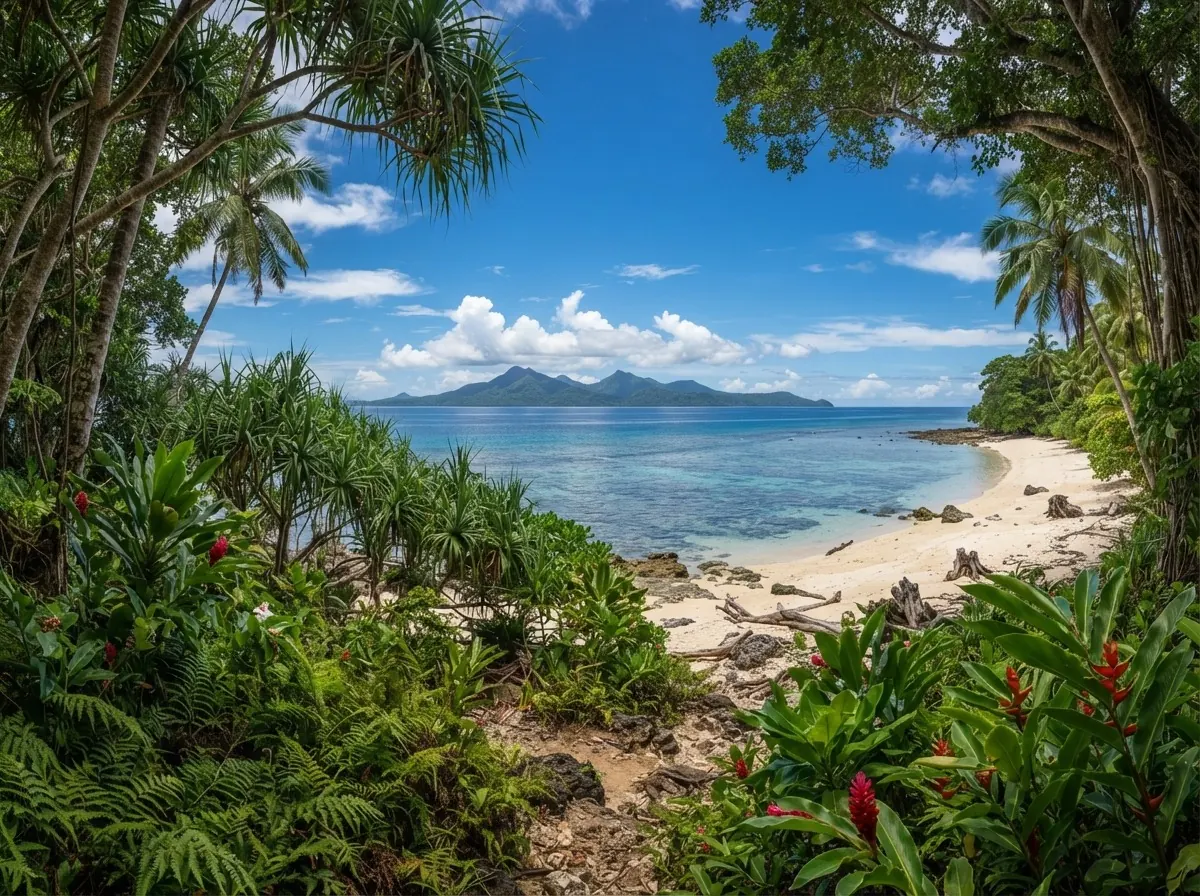 Un paysage naturel ouvert en Océanie, végétation tropicale au premier plan et horizon dégagé.
