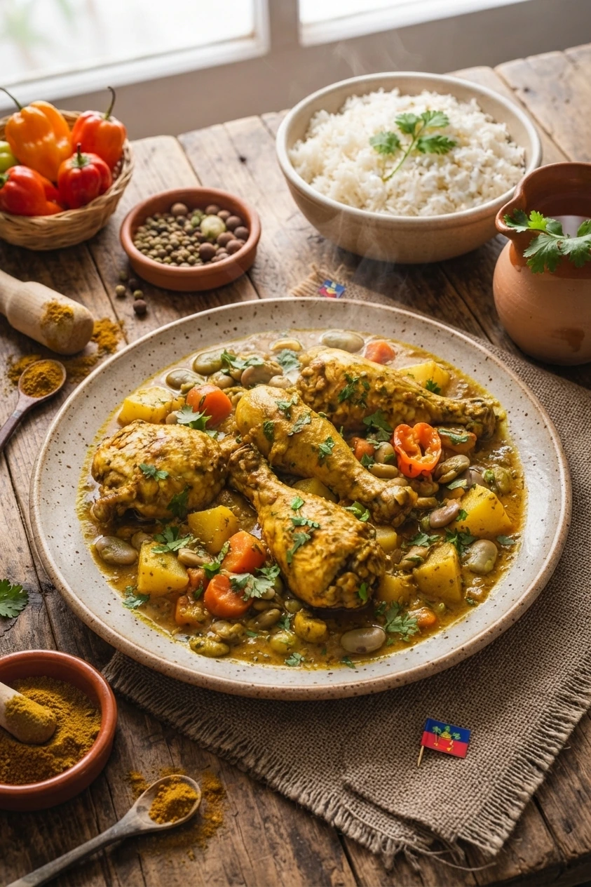 Colombo de poulet guadeloupéen servi avec morceaux de poulet, pommes de terre et sauce aux épices colombo