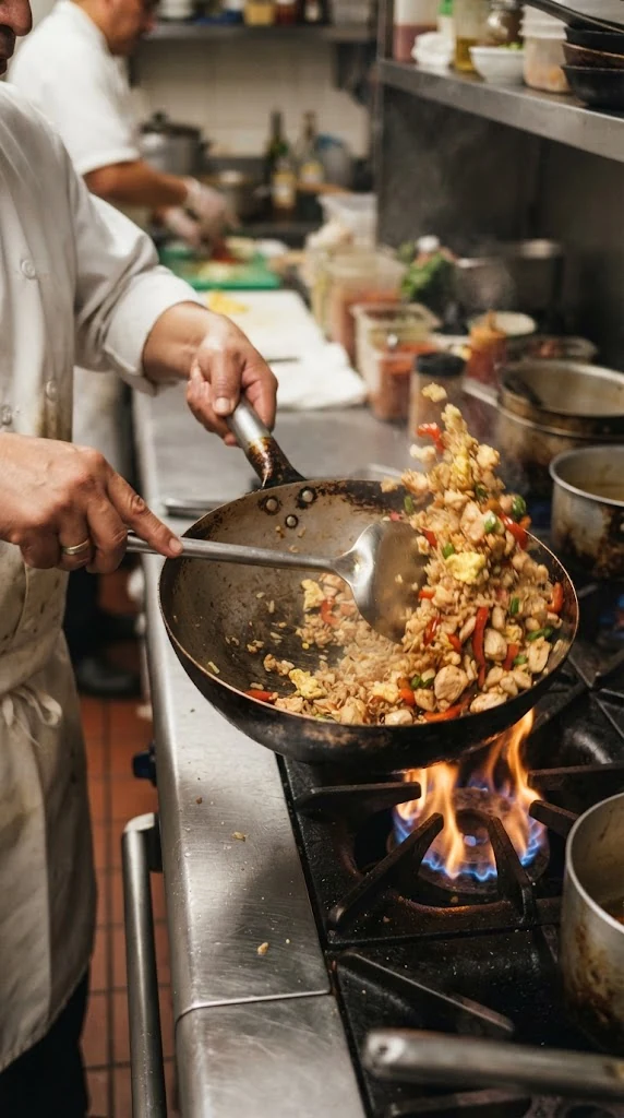 Geste de préparation de Arroz Chaufa Péruvien