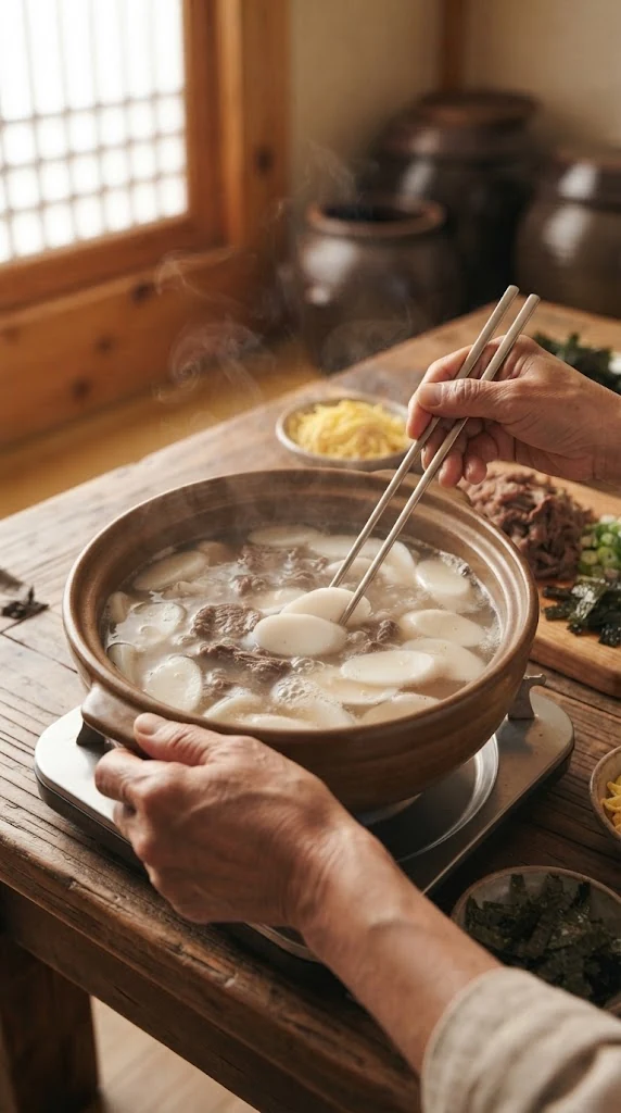 Ajout des tranches de tteok dans le bouillon du tteokguk coréen