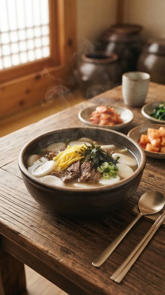 Tteokguk coréen, soupe traditionnelle aux gâteaux de riz