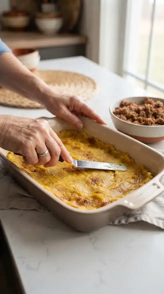 Geste de préparation de Pastelón Dominicain
