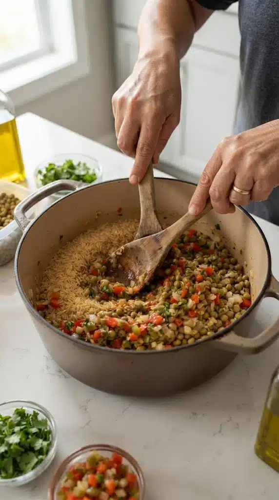 Geste de préparation de Arroz Con Gandules Portoricain