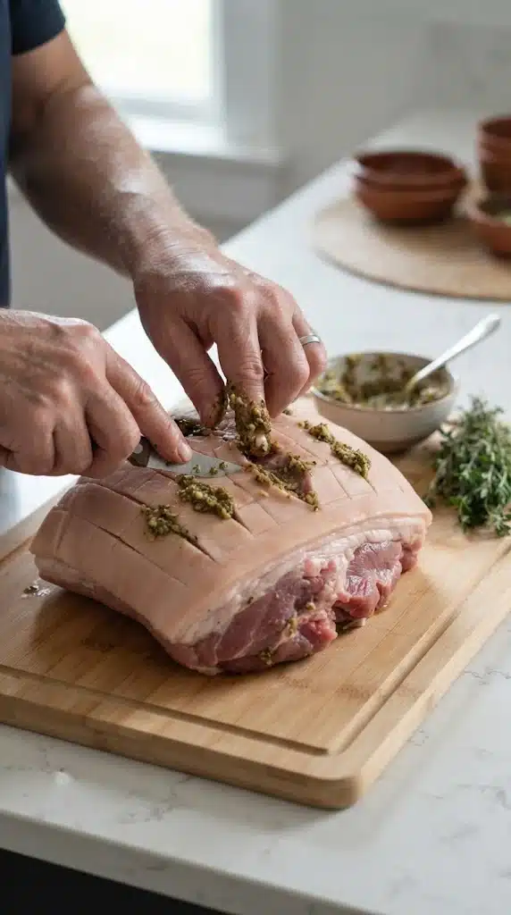 Geste de préparation de Pernil Portoricain