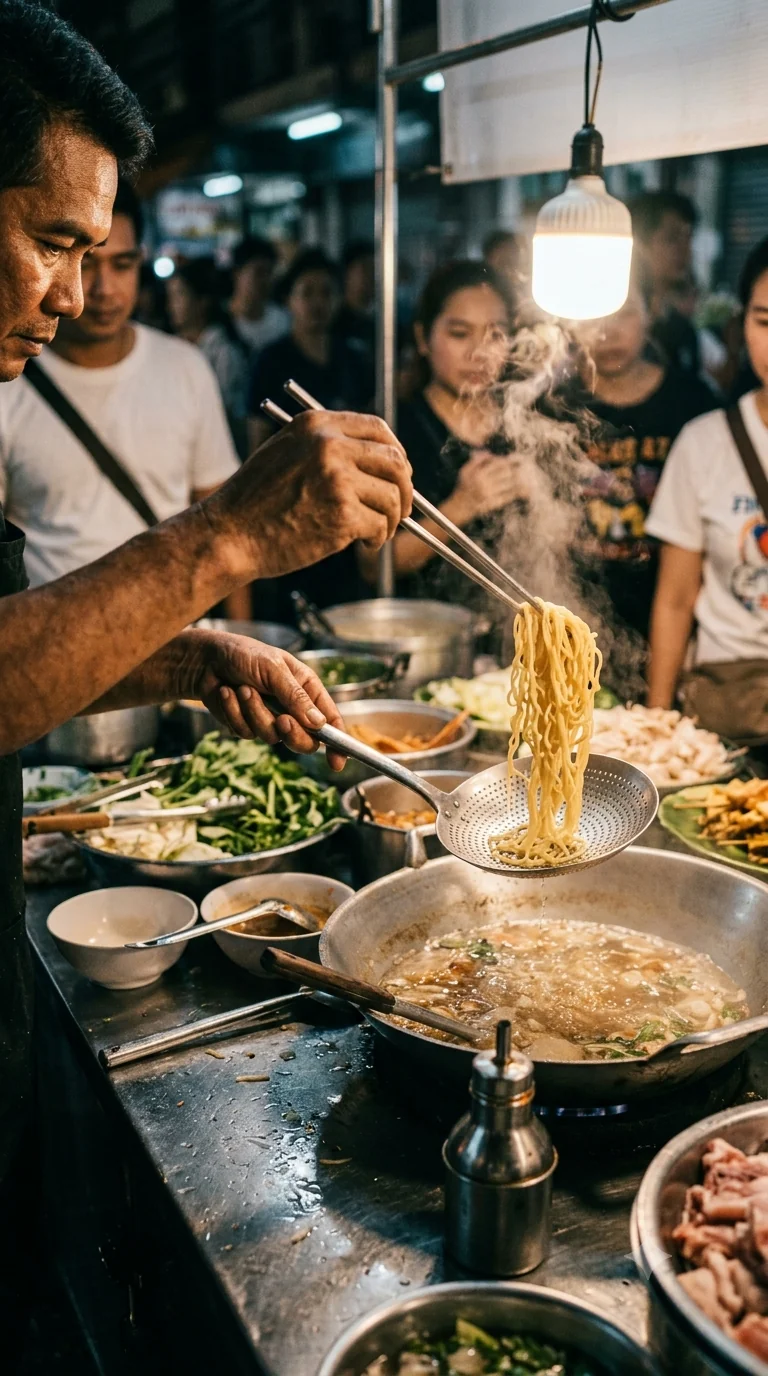 Geste de préparation d’un plat de cuisine de rue servi directement au client