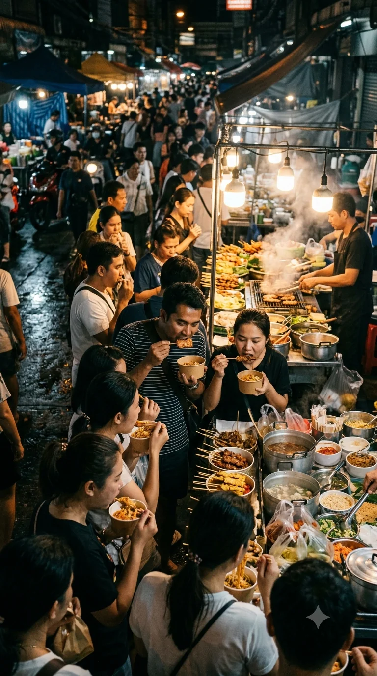 Scène de cuisine de rue illustrant les façons de manger dans l’espace public autour du monde