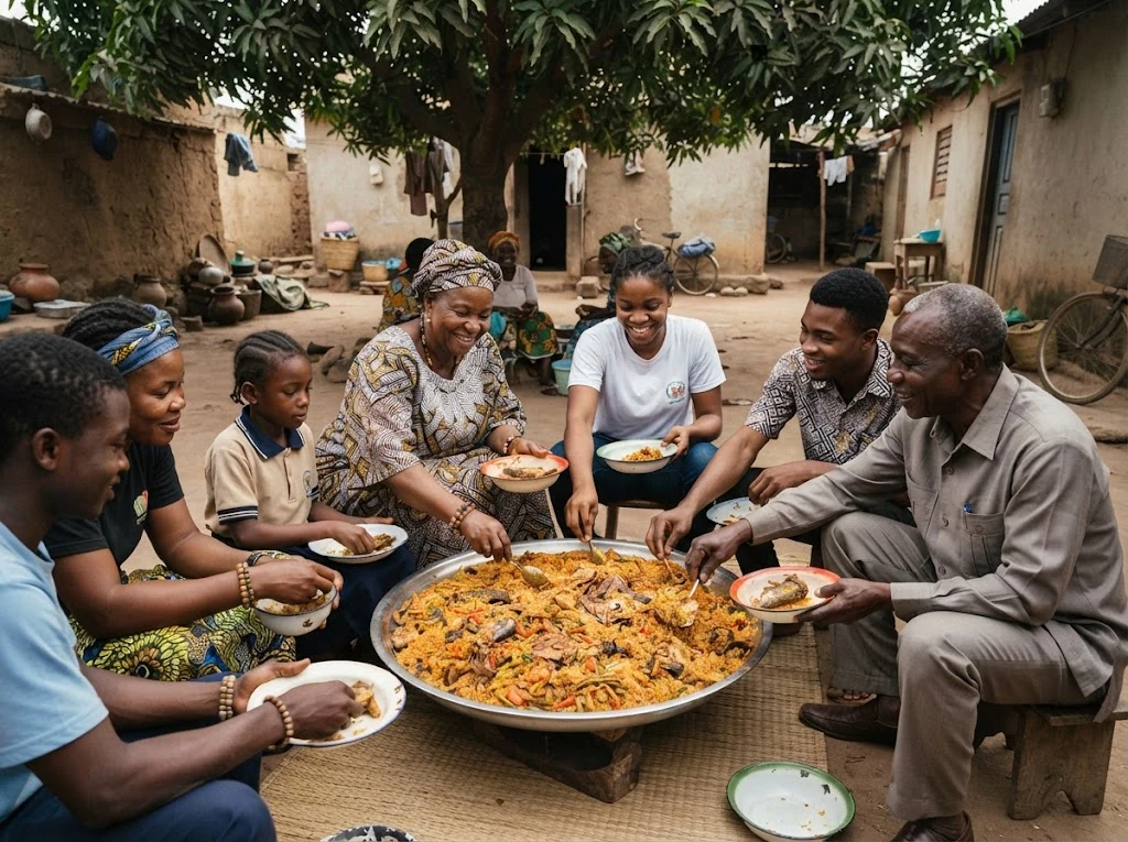 Grand plat de riz de fête partagé lors d’un repas collectif en Afrique de l’Ouest