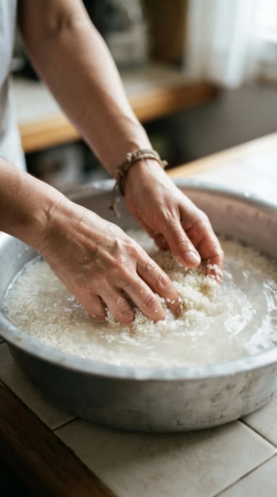 Mains lavant du riz cru dans un grand récipient avant cuisson