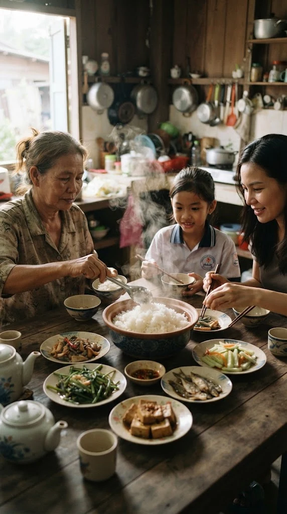 Bol de riz servi au centre d’une table familiale asiatique, scène quotidienne et vivante