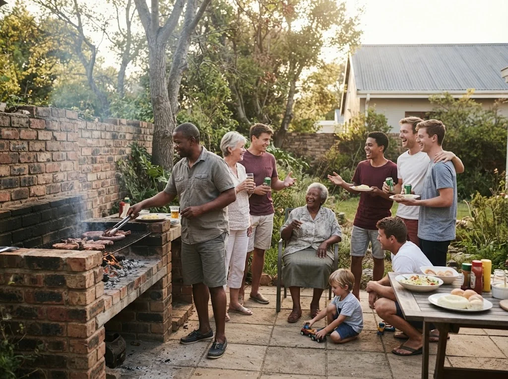 Petit groupe réuni autour d’un braai dans un jardin sud-africain contemporain