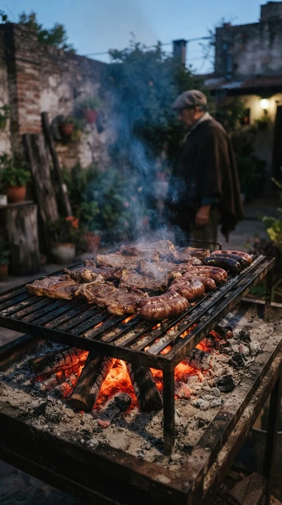 Parrilla argentine au crépuscule, feu et grill au centre de la scène