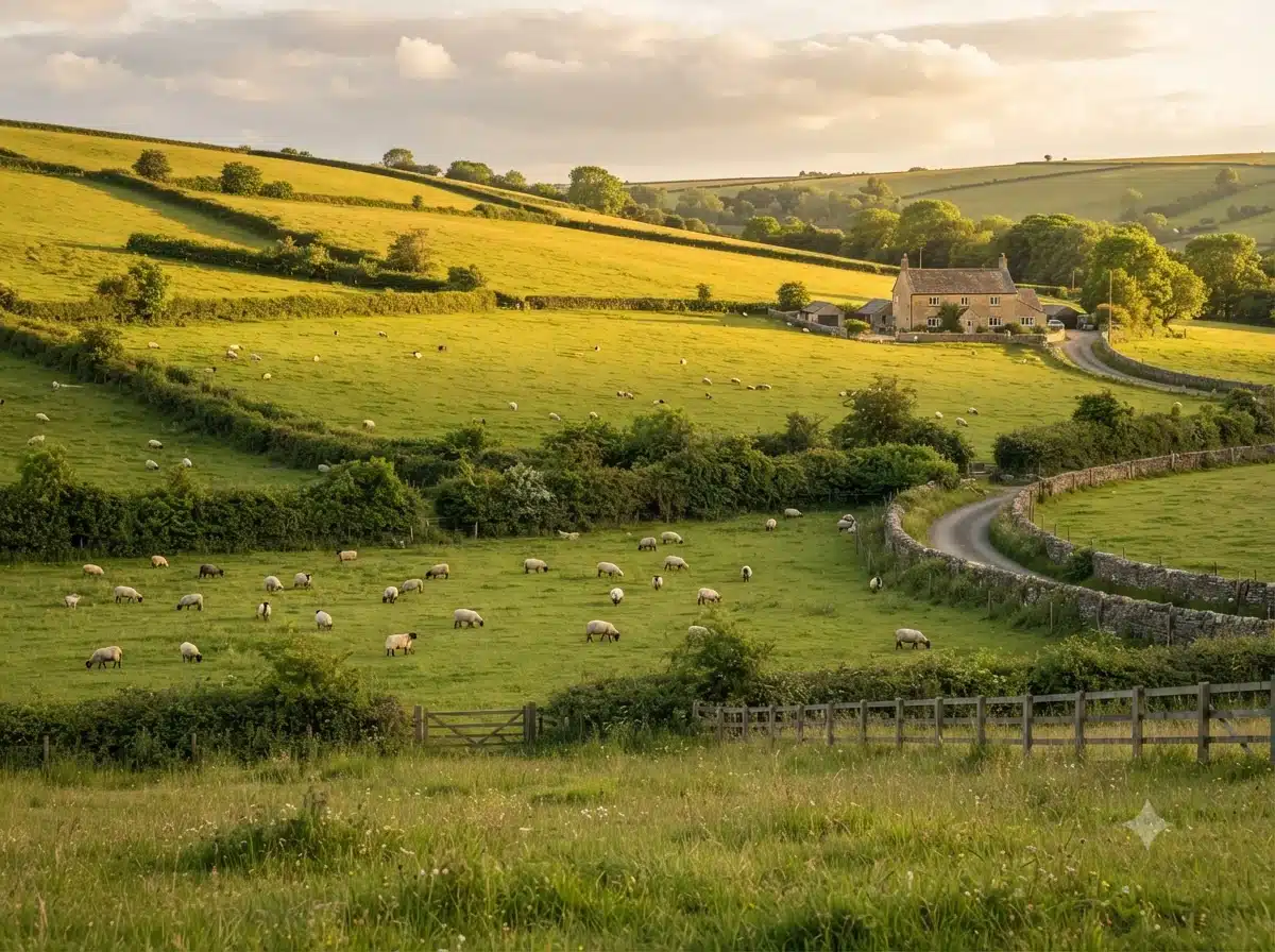 Vue patrimoniale évoquant l’origine de shepherd’s pie anglais au Royaume-Uni