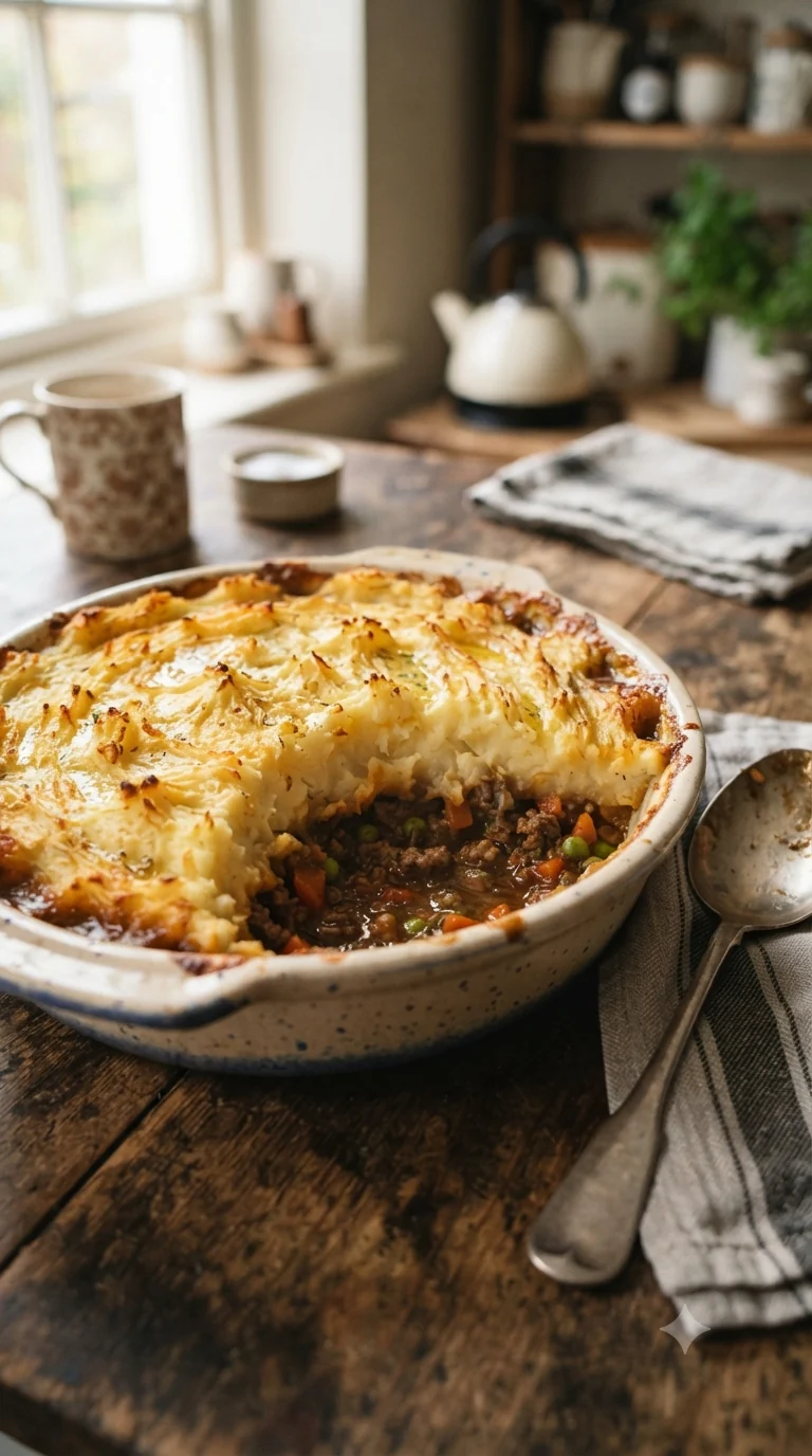 Gros plan sur shepherd’s pie anglais, plat traditionnel du Royaume-Uni