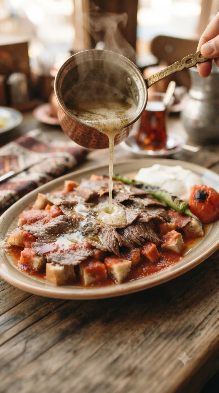 Verser un filet de beurre fondu chaud sur l’assiette juste avant de servir, geste caractéristique du service