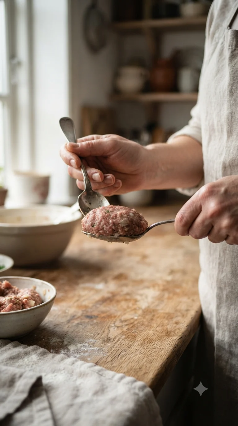 Façonner la viande entre deux cuillères pour obtenir la forme ovale légèrement aplatie caractéristique