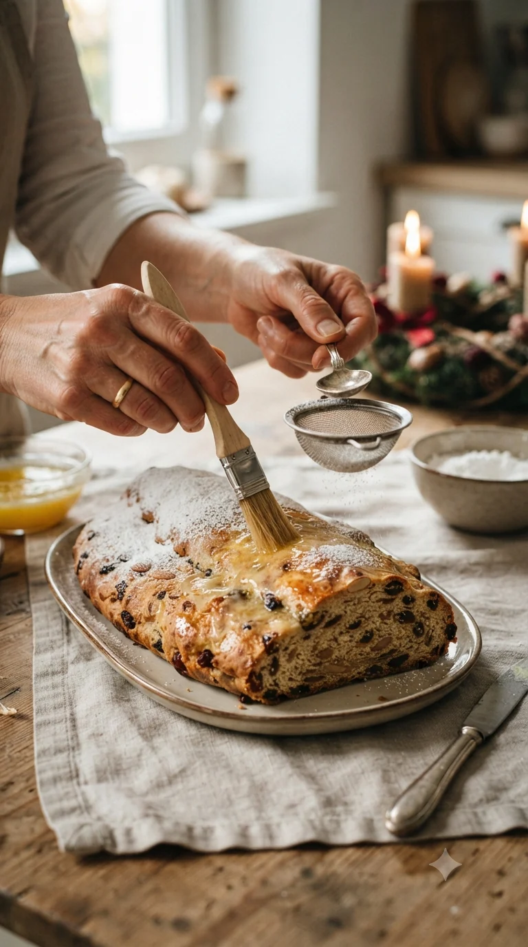Napper le stollen encore tiède de beurre fondu avant de le recouvrir généreusement de sucre glace