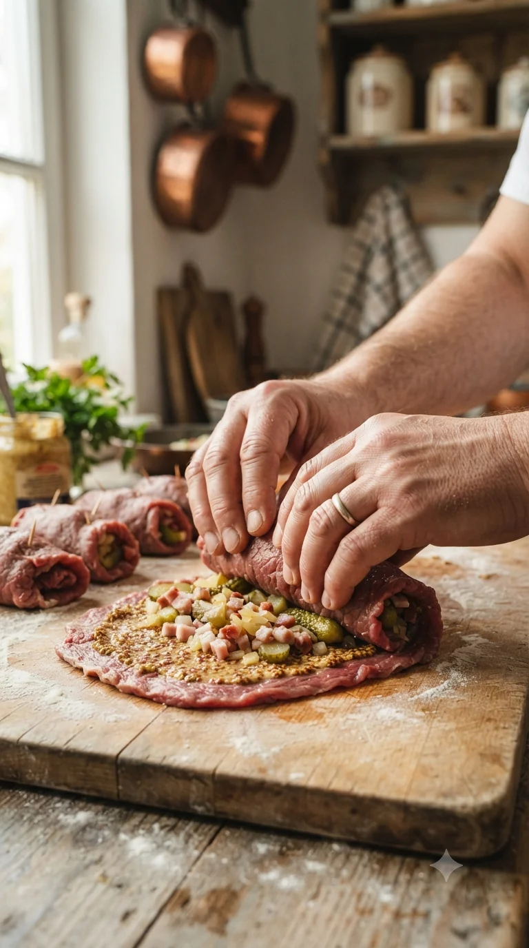 Rouler serré la tranche de bœuf garnie et la maintenir fermée avec des piques ou de la ficelle de cuisine