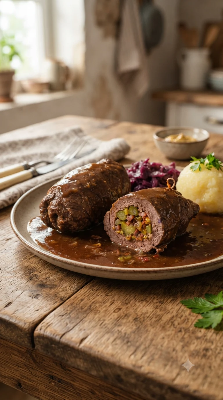 Gros plan sur rouladen allemand, plat traditionnel d’Allemagne