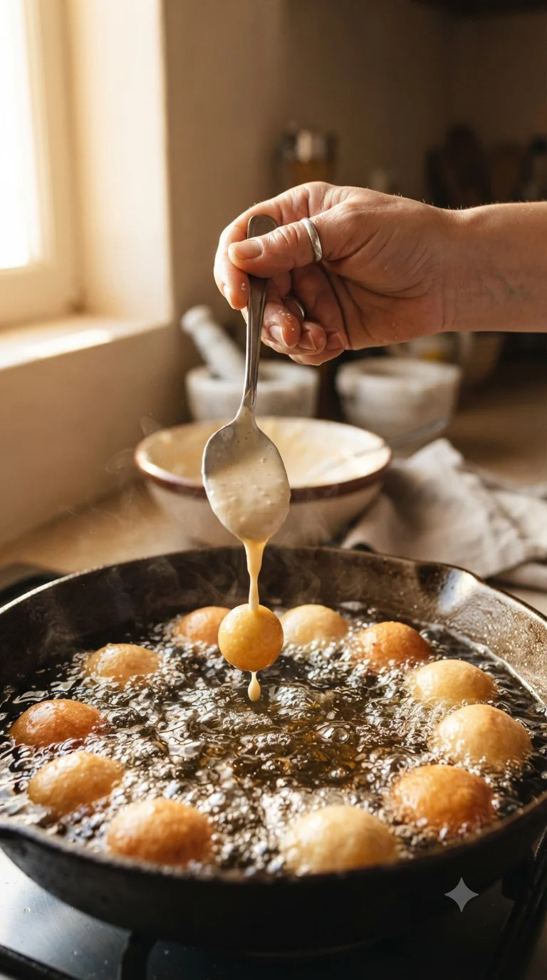 Faire glisser la pâte levée à la cuillère directement dans l’huile chaude pour former de petites boules irrégulières