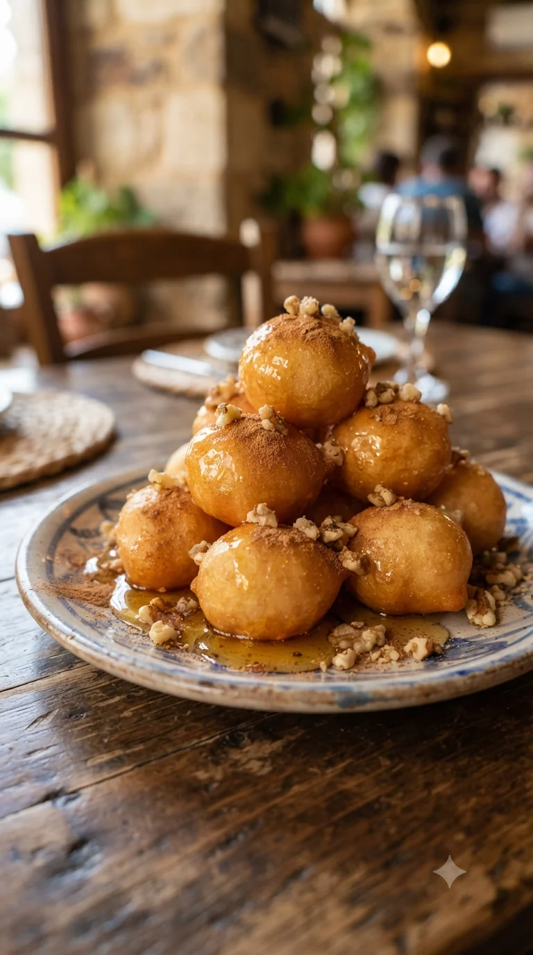 Gros plan sur loukoumades grecs, plat traditionnel de Grèce