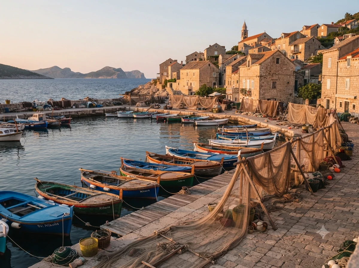 Vue patrimoniale évoquant l’origine de crni rižot croate en Croatie