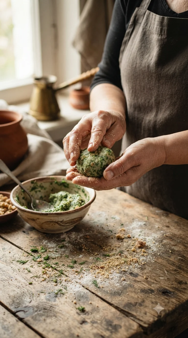 Façonner à la main de petites portions de pkhali en boulettes légèrement aplaties