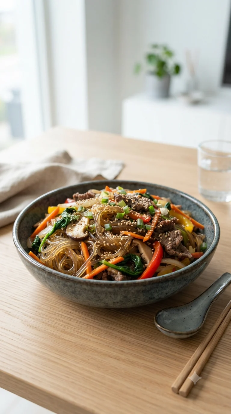 Gros plan sur japchae coréen, plat traditionnel de Corée du Sud