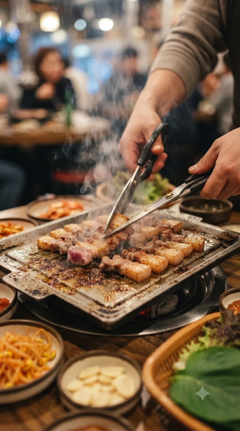 Griller les tranches de poitrine de porc sur la plaque de table et les retourner aux ciseaux de cuisine
