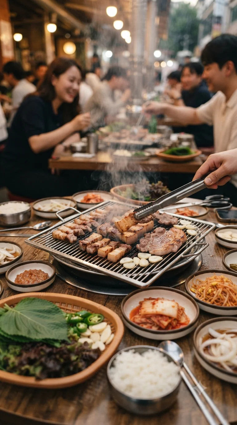 Gros plan sur samgyeopsal coréen, plat traditionnel de Corée du Sud