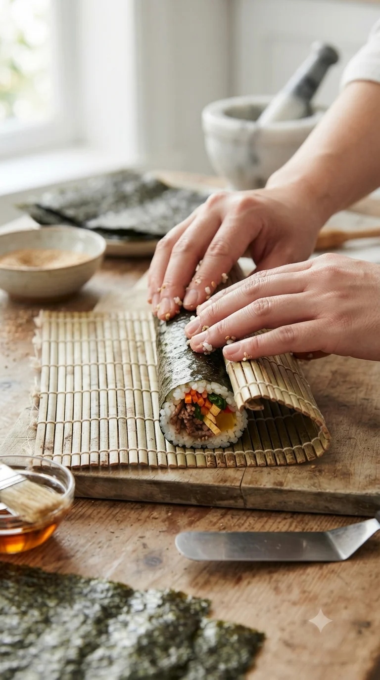 Rouler serré le kimbap sur une natte de bambou avant de le trancher net en rondelles