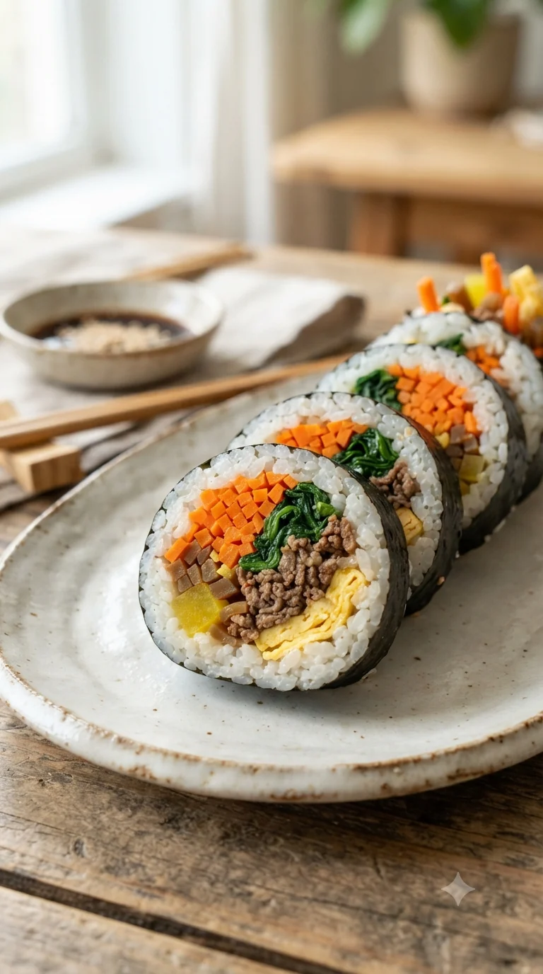 Gros plan sur kimbap coréen, plat traditionnel de Corée du Sud