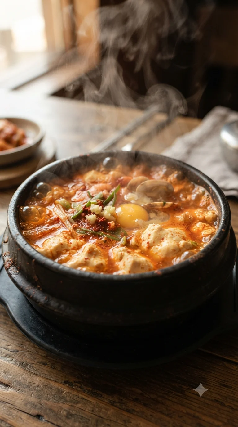 Gros plan sur sundubu-jjigae coréen, plat traditionnel de Corée du Sud