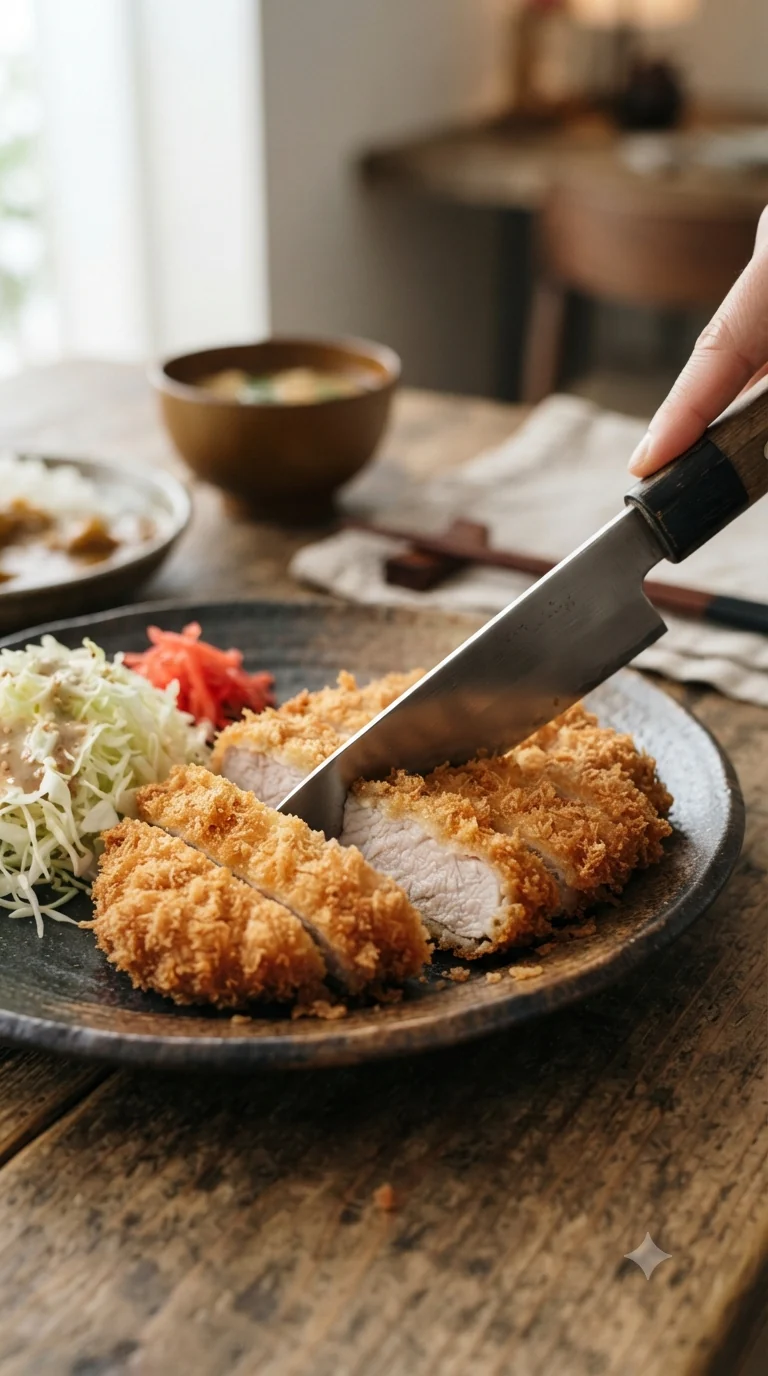 Découper l’escalope panée frite en bandes régulières pour révéler le contraste croustillant-tendre