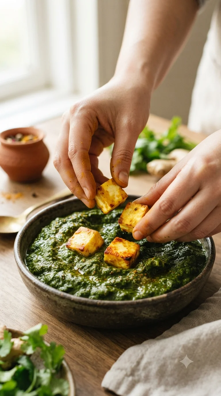 Incorporer délicatement les cubes de paneer dorés à la purée d’épinards épicée
