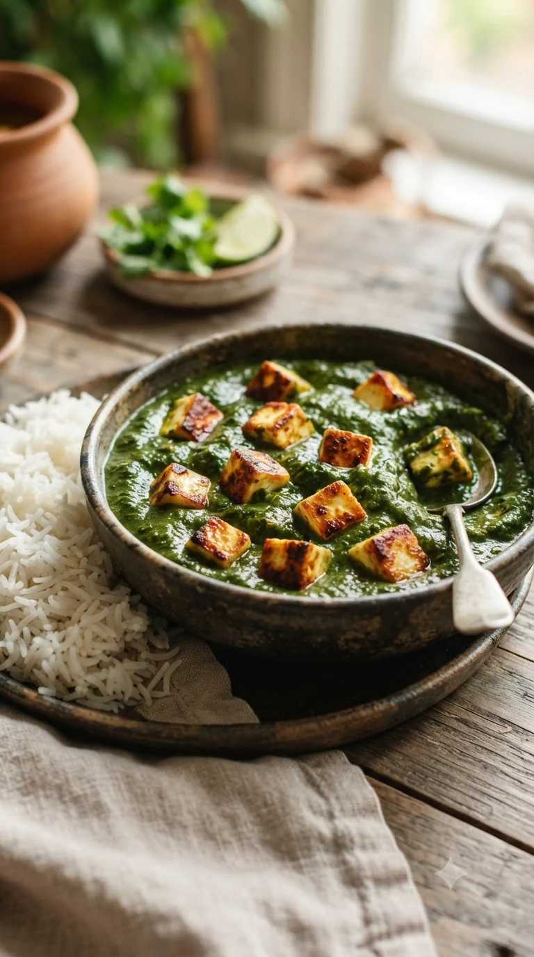 Gros plan sur palak paneer indien, plat traditionnel de l’Inde